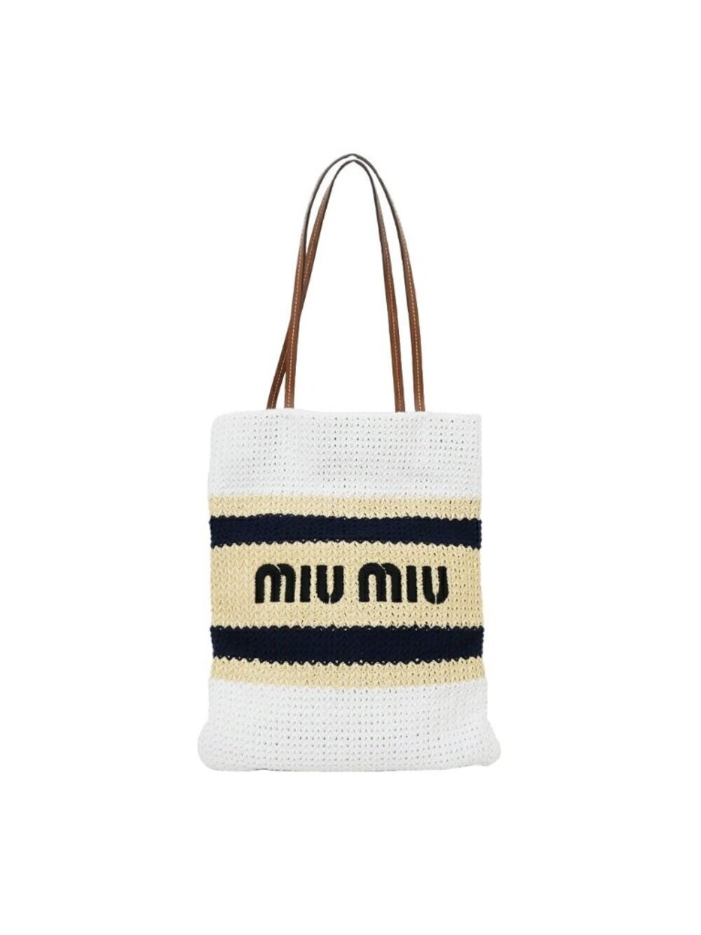 Miu Miu Raffia Effect Woven Tote Bag White Navy Beige